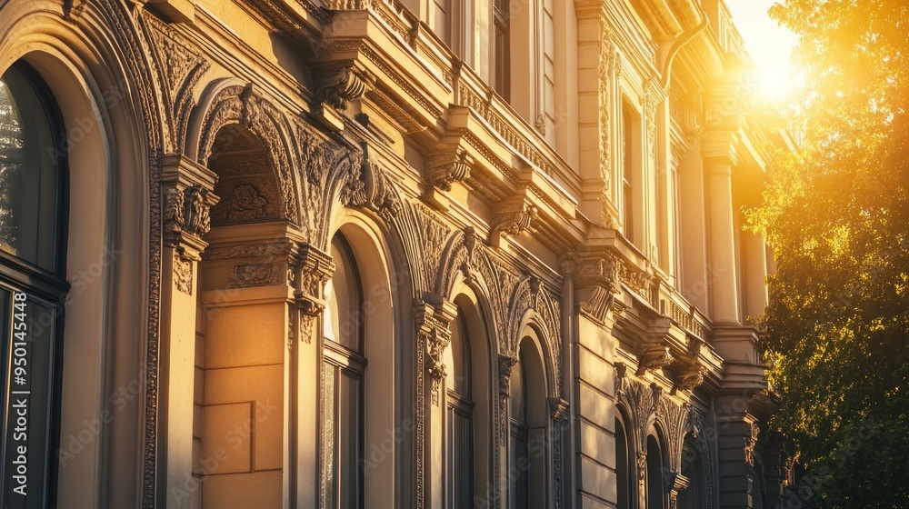 Poster ornate facade of an old building with sunlight streaming through arched windows