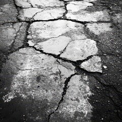 Obraz premium Cracked asphalt surface revealing weathered textures in black and white
