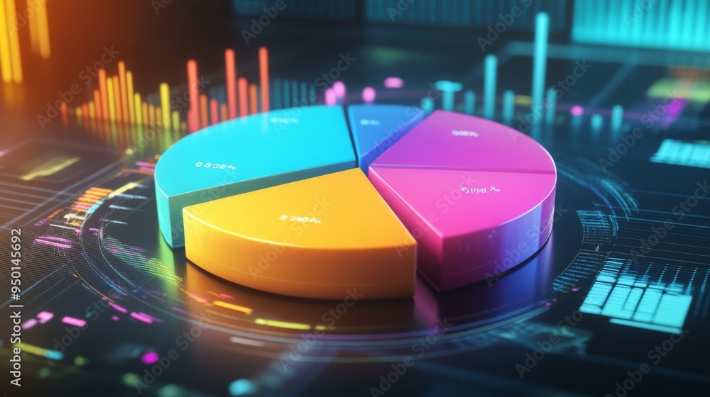 Aufkleber A dynamic 3D pie chart with moving sections, set in a digital environment, emphasizing data flow and interactive analysis.