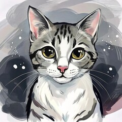 Digital art portrait of a cute tabby cat with captivating eyes, showcasing the beauty and charm of feline companions