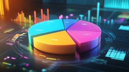 A dynamic 3D pie chart with moving sections, set in a digital environment, emphasizing data flow and interactive analysis.