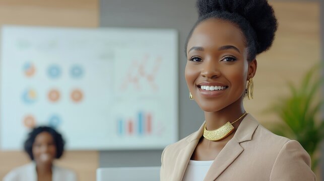 Successful cheerful black businesswoman presenting growth statistics to diverse conference meeting members in light office with graphs and charts smiling at camera