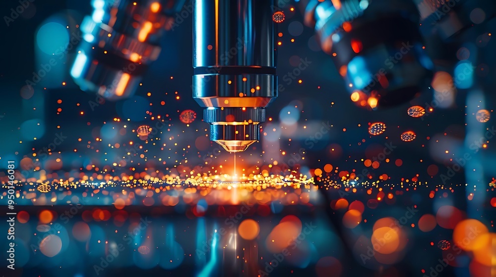 Poster close up of microscope lens with bokeh background - 3d illustration