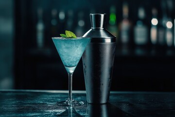 A refreshing blue cocktail garnished with mint, accompanied by a sleek shaker in a dimly lit bar.