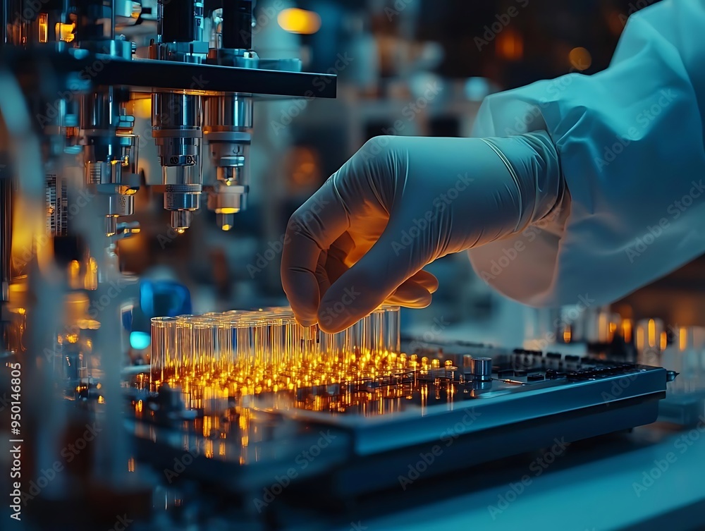 Poster laboratory scientist handling test tubes in a modern lab - realistic image