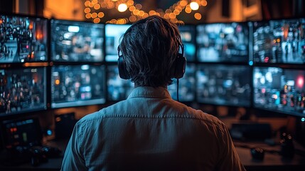 Security operator wearing headphones monitoring multiple screens for potential threats