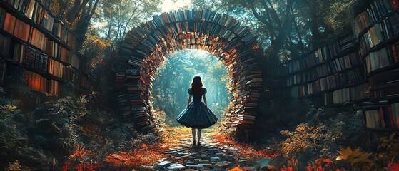 Visualize a realistic portrayal of a girl in Alice attire, moving through a forest along a trail of books to a portal made entirely of books