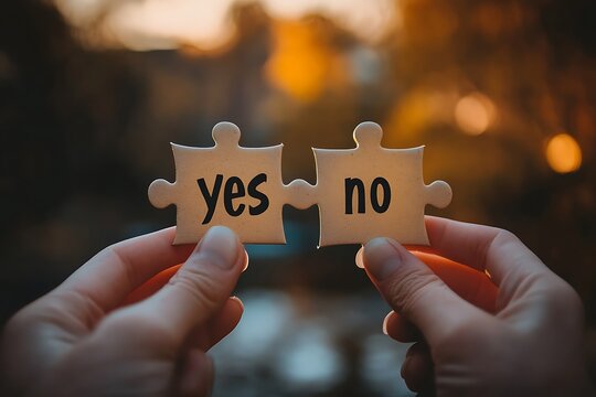 Businessman holding two puzzle pieces with yes no words making decision
