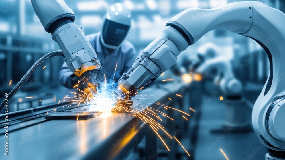 Poster robotic arms performing welding in a factory setting, showcasing advanced automation technology and 