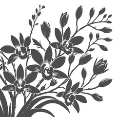 Black silhouette of dendrobium flower. Floral drawing vector illustration. 