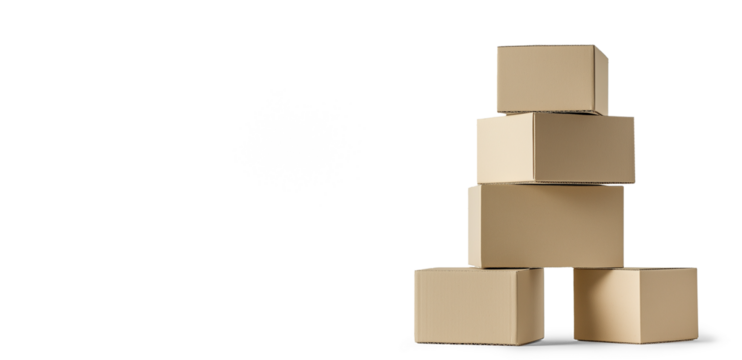 Stack of minimalist cardboard boxes in a low poly 3D render, featuring a beige color palette and geometric abstraction, isolated on a transparent background in PNG format