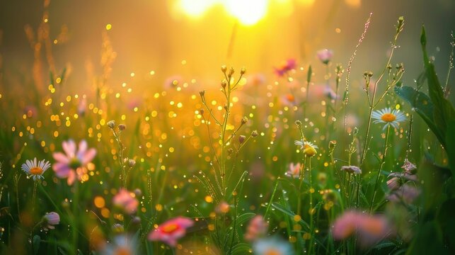 Vibrant meadow landscape at sunrise with dewy grass and colorful blooming flowers bathed in warm golden light  Serene peaceful and tranquil natural scene with lush greenery and sparkling dewdrops