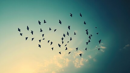 A flock of birds migrating across a vast sky, symbolizing the interconnectedness of ecosystems.