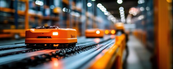 Automated robot moving along a warehouse track, showcasing advanced technology in logistics and efficient inventory management.