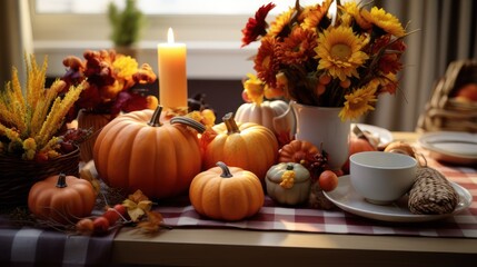 Thanksgiving pumpkin dinner party, with pumpkins in the background and various fruits and foods on the table, lit by candles