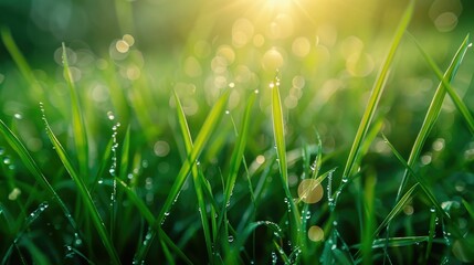 Fototapeta premium Dewy grass closeup with bright morning sunlight glistening on fresh green blades creating a vibrant peaceful and serene natural landscape Macro shot of lush organic foliage with a soft