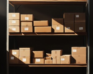 Neatly arranged cardboard boxes on a shelf, showcasing storage and organization in a warehouse setting.