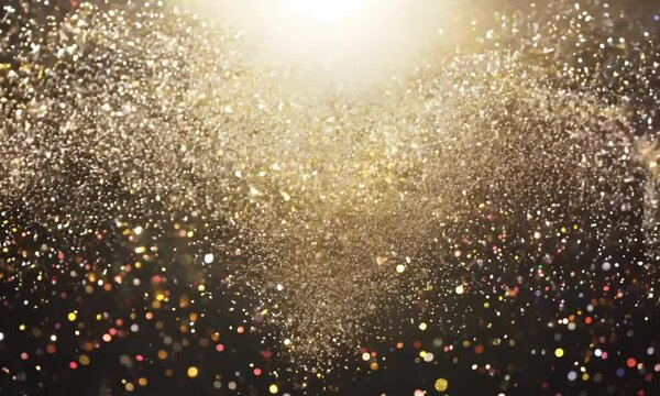 A gold colored surface with many small gold colored dots. The surface is shiny and reflective. The image has a dreamy and ethereal quality to it