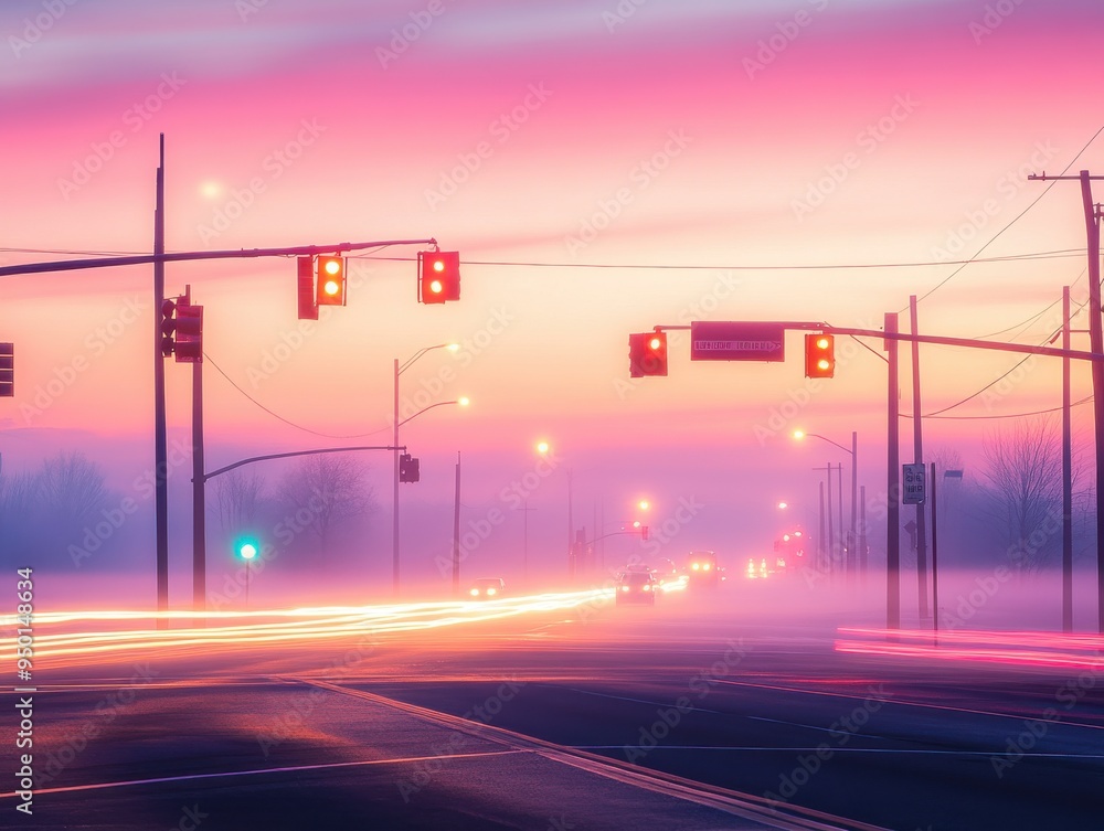 Aufkleber a serene urban scene featuring traffic lights and soft fog during twilight, creating a tranquil atmo