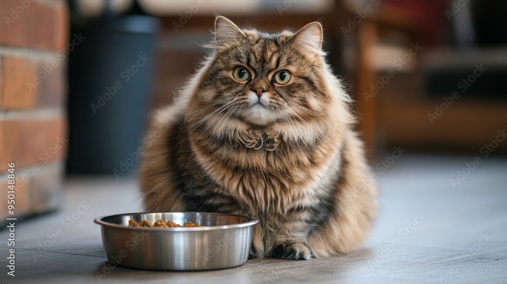 Poster a fat cat sitting by a food bowl, looking up with anticipation, its round belly and expressive eyes 