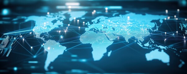 Fototapeta premium A futuristic world map connected by digital networks, showcasing global connectivity and advanced technology themes.