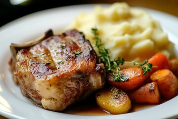 Juicy pork chop with mashed potatoes and roasted vegetables