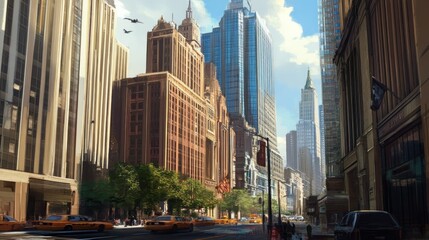 Cityscape with Tall Buildings, Yellow Taxis, and Birds Flying Overhead