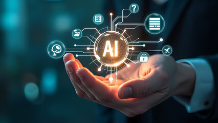 Fototapeta premium Hand Holding Golden AI Coin with Connected Icons, Representing Artificial Intelligence’s Central Role in Various Technologies and Processes in the Digital World.