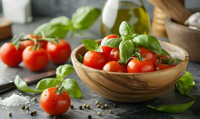 Healthy Meal Prep, Wooden bowl with tomatoes and basil on a kitchen counter, accompanied by ingredients like olive oil