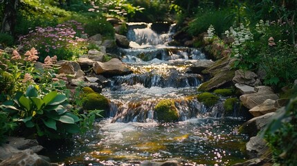 Fototapeta premium Serene Forest Stream Flowing Over Moss Covered Rocks Through Lush Greenery and Foliage in a Peaceful Tranquil Wilderness Setting
