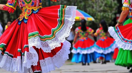 A vibrant close-up of a traditional Mexican dance, highlighting a colorful long dress adorned with a white lace border. The background features an umbrella and several dancers dressed in red skirts wi