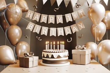 Black and white themed 1st birthday setup with cakes