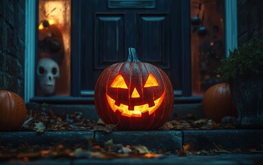 Obraz premium Glowing jackolantern on a doorstep