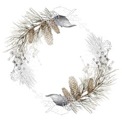 Christmas Watercolor wreath of spruce, cones and white berries. Circular Xmas white snowy chaplet with subtle of silver isolated on white background. Winter design for greeting card, template.