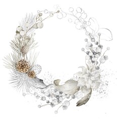 Christmas Watercolor wreath of spruce, cones and white berries. Circular Xmas white snowy chaplet with subtle of silver isolated on white background. Winter design for greeting card, template.