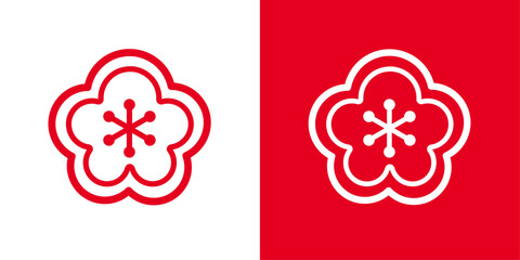 シンプルな和風の梅の花の線画アイコン＿家紋風＿紅白