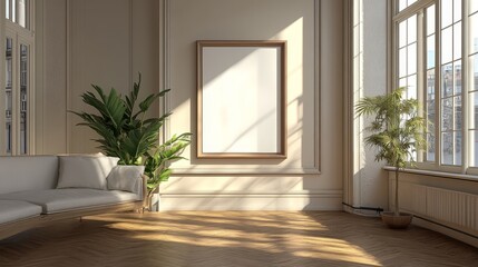 Modern, well-lit interior with an empty picture frame on the wall. Created using 3D rendering software.
