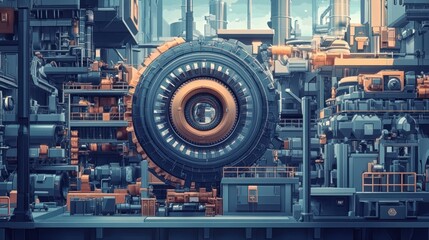 Futuristic Industrial Machine with Large Rotating Wheel