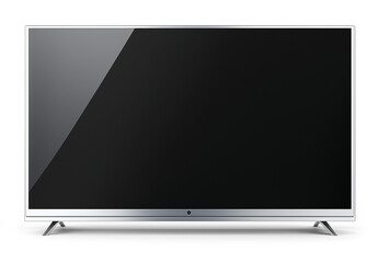 Sleek, modern flat-screen television with a thin silver frame, mounted on a white wall, UHD display with vibrant colors, smart TV with streaming capabilities, isolated PNG format