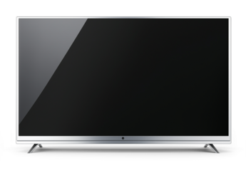 Sleek, modern flat-screen television with a thin silver frame, mounted on a white wall, UHD display with vibrant colors, smart TV with streaming capabilities, isolated PNG format