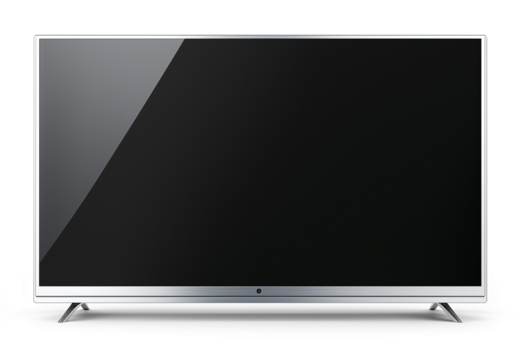 Sleek, modern flat-screen television with a thin silver frame, mounted on a white wall, UHD display with vibrant colors, smart TV with streaming capabilities, isolated PNG format