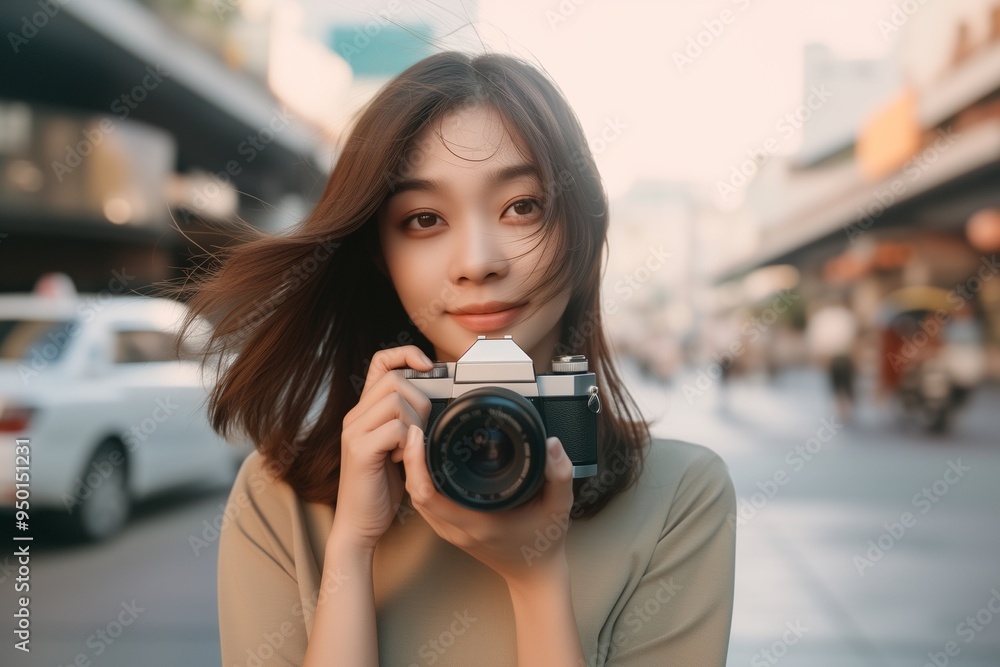 Wall mural young asian woman traveling in city holding a camera