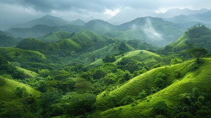 Fototapeta premium Stunning panoramic view of a lush verdant tropical mountain landscape with misty undulating hills and valleys blanketed in a sea of lush vibrant greenery An atmospheric