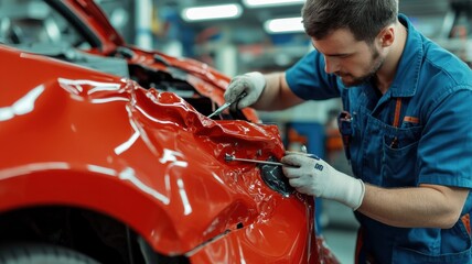 A skilled mechanic repairs a damaged red car in a professional auto body shop, showcasing meticulous craftsmanship and attention to detail.