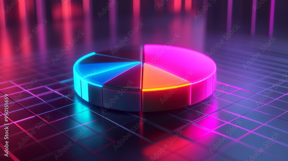 Poster a futuristic 3d pie chart with neon colors, hovering over a grid surface, representing cutting-edge 