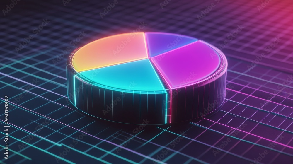 Poster A futuristic 3D pie chart with neon colors, hovering over a grid surface, representing cutting-edge data visualization.