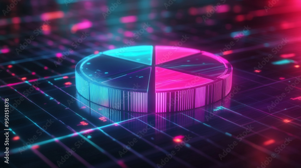 Aufkleber A futuristic 3D pie chart with neon colors, hovering over a grid surface, representing cutting-edge data visualization.