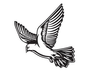Obraz premium Flying Dove Illustration in Black and White Vintage Woodcut Style Vector Drawing