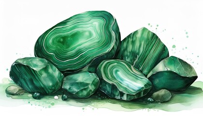 Obraz premium A vibrant cluster of malachite stones showcases rich green hues and unique patterns, ideal for nature-themed designs and artworks.
