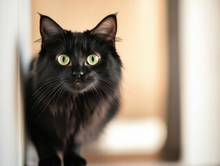 A close-up portrait of an inquisitive black cat with striking green eyes, poised and curious in a soft, blurred background.